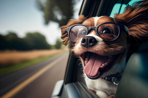 Dog with glasses with its head out the window